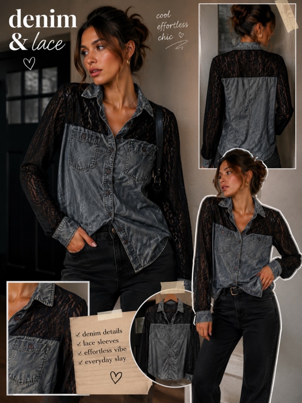 GUESS Blue Chambray & Black Lace Button Front Top Size XS